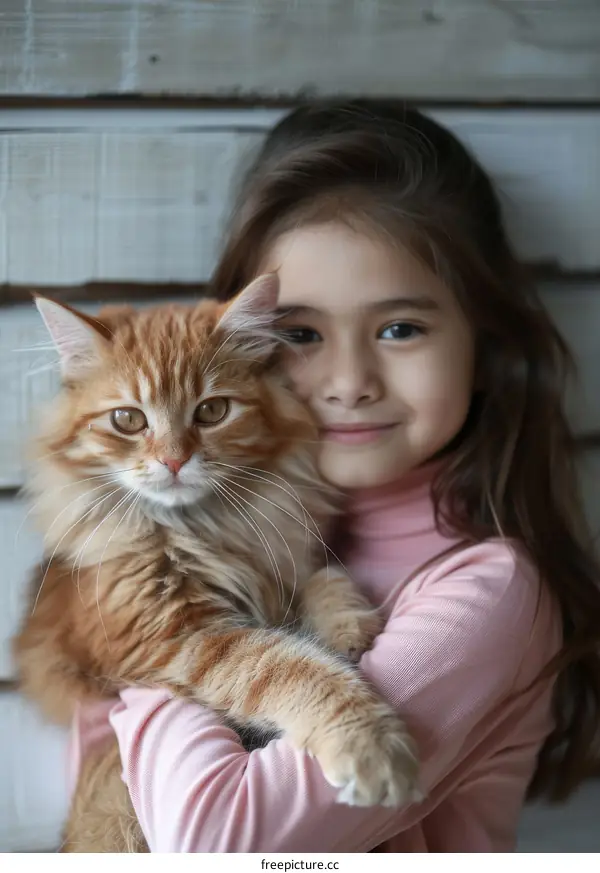 Little girl hugging a ginger cat