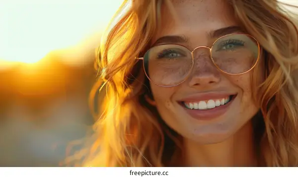 Smiling Woman with Freckles and Glasses Outdoors
