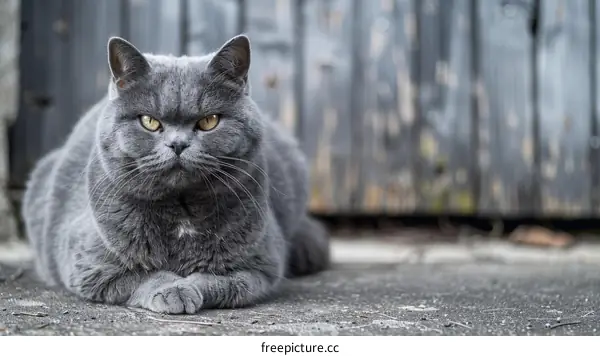 A gray cat is sitting on the ground in front of a wooden fence.