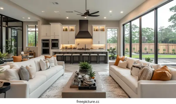 Modern Open-Plan Living Room with Kitchen View