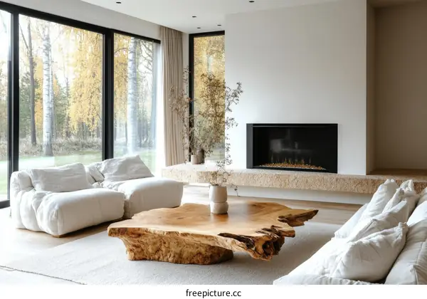 Modern Minimalist Living Room with Natural Wood Coffee Table