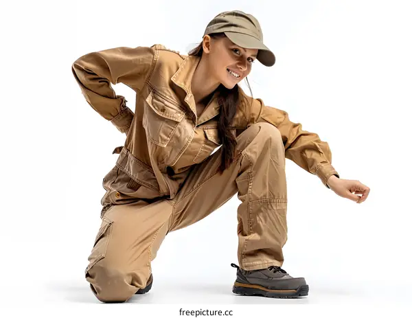Smiling woman in khaki workwear crouching on the floor