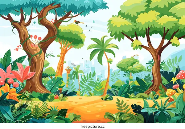Colorful Cartoon Jungle Landscape Illustration