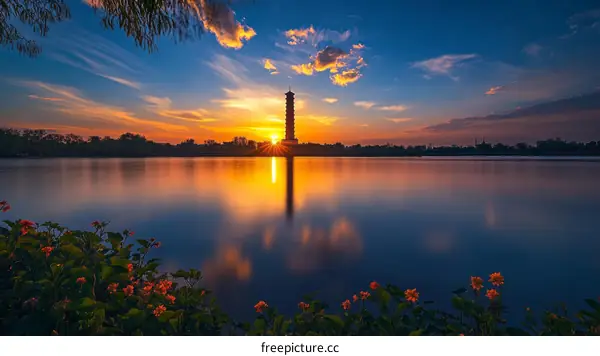 Sunset over the lake with pagoda silhouette