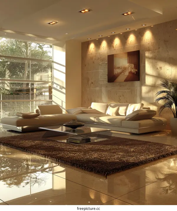 A Modern and Minimalist Style Living Room with Green Plants and Warm Sunlight