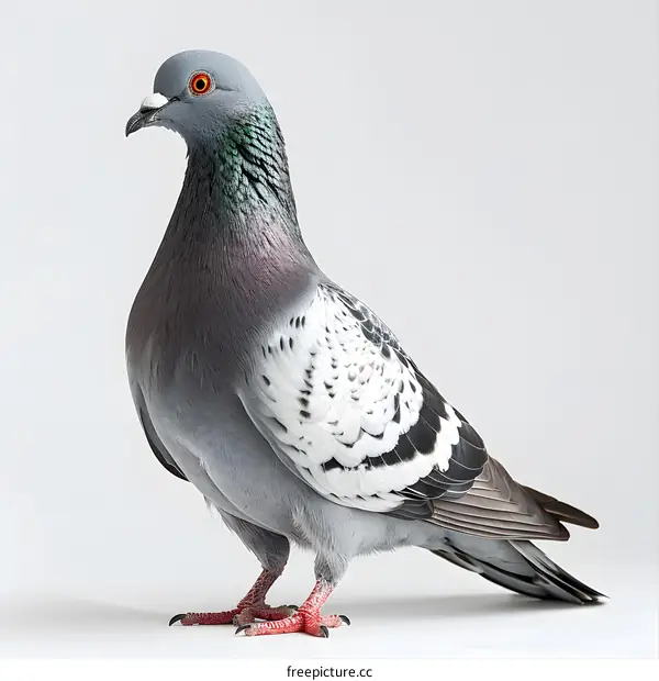 A pigeon with a gray body and white wings stands on a white background