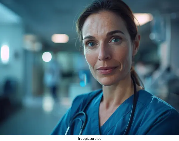 Portrait of a Confident Female Doctor or Nurse in Scrubs