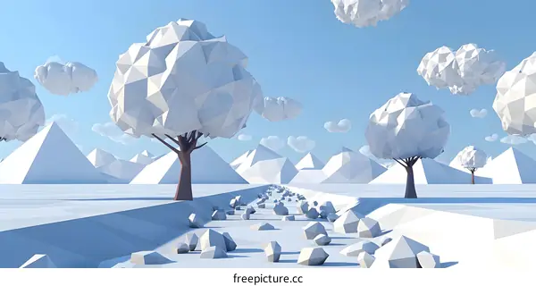 Low Poly Winter Landscape with Trees and Clouds