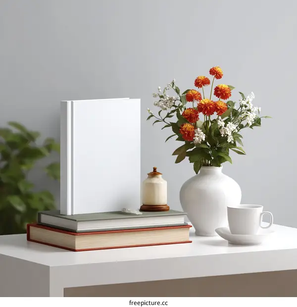 Elegant Home Decor Display with Books and Flowers