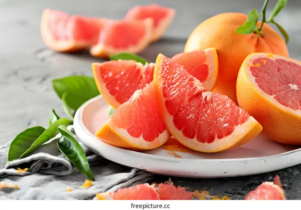 Fresh Red Grapefruit Slices on Plate with Green Leaves