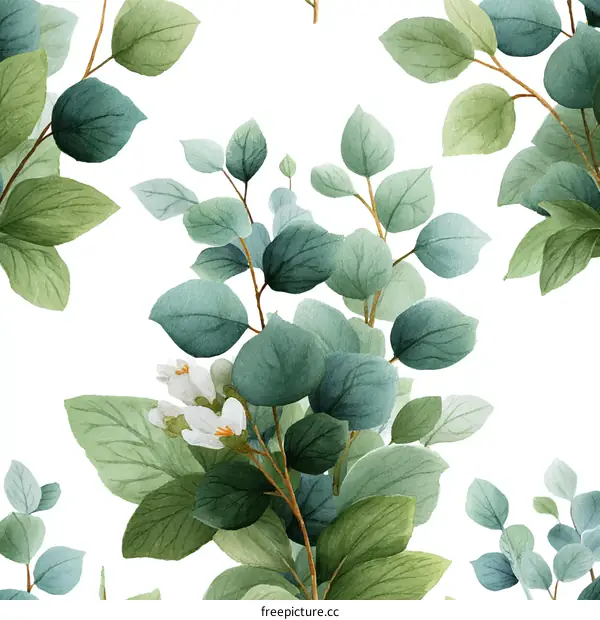 Beautiful Watercolor Eucalyptus and Flowers Pattern