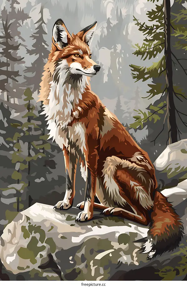 Red Fox Sitting On a Rock in a Forest