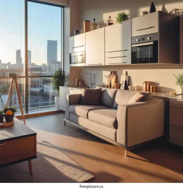 Modern City Apartment Interior with Large Panoramic Windows