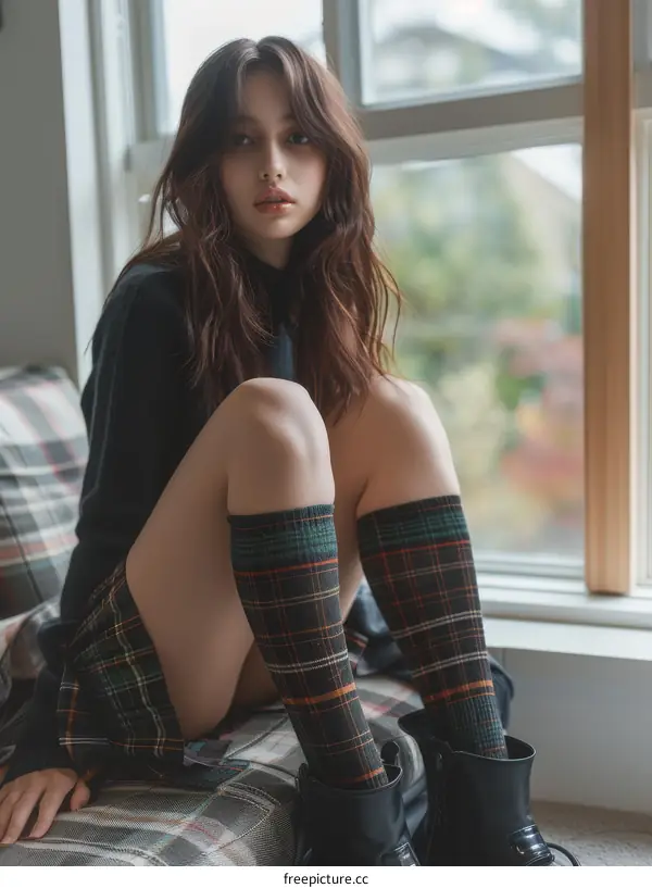 Young Woman in Plaid Socks and Skirt by the Window