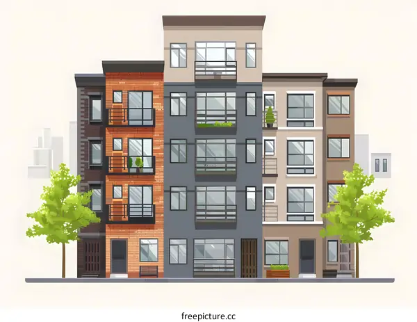 Modern Building Facade with Balcony and Trees