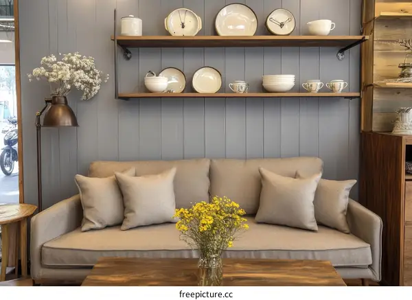 Cozy Living Room with Wooden Shelves and Sofa
