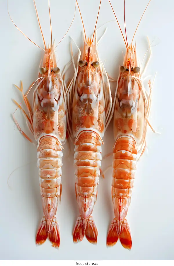 Three raw shrimps on a white background