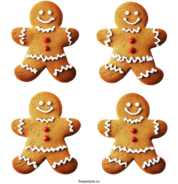 [Transparent Background PNG]Four Christmas Gingerbread Men Cookies on White Background