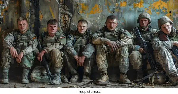 A group of soldiers rest in a destroyed building.