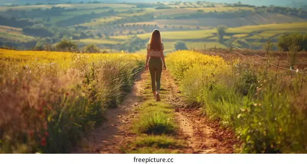 girl walking away from camera on a rural dirt road