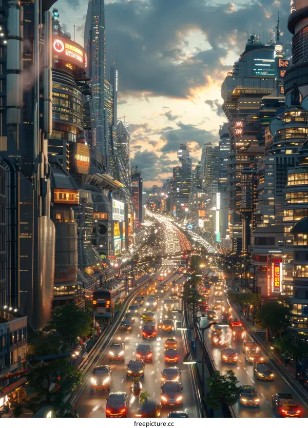 Futuristic City Skyline Evening Traffic
