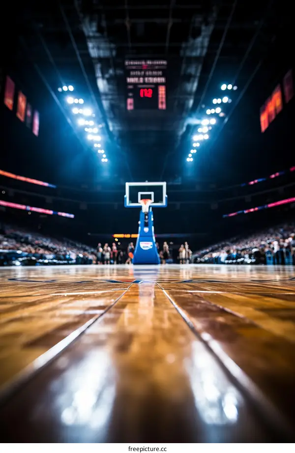 Basketball court with shiny wood floor and bright lights