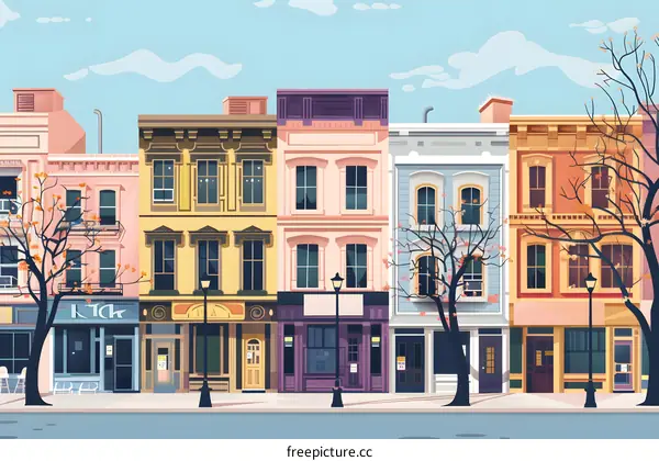 Charming Street With Buildings In Autumn