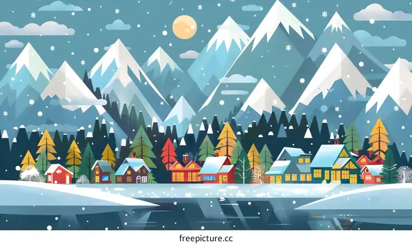 Snowy Mountain Landscape With Houses and Forest
