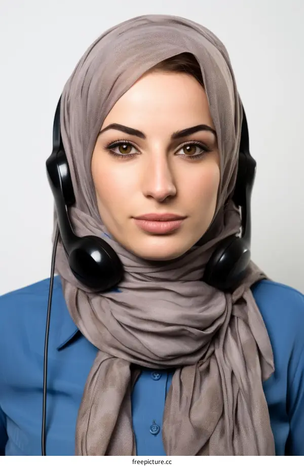 portrait of a young middle eastern woman wearing a hijab and a headset