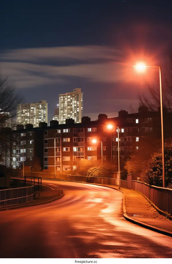 Night view of residential buildings along a curved road with street lamps