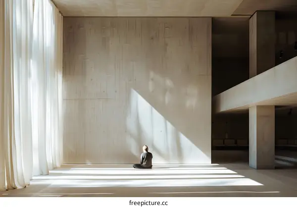 Minimalist Concrete Interior with Person Sitting and Sunlight