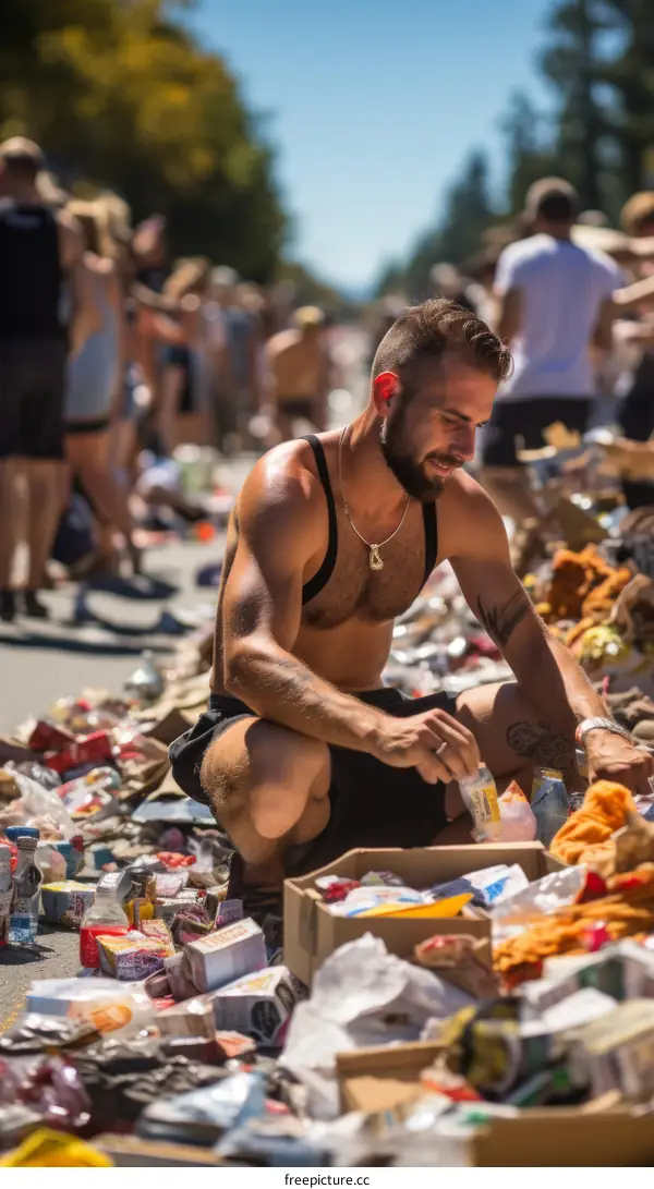shirtless man kneels next to pile of garbage