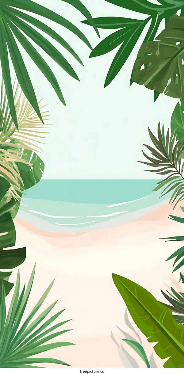 Tropical Beach with Palm Leaves Frame