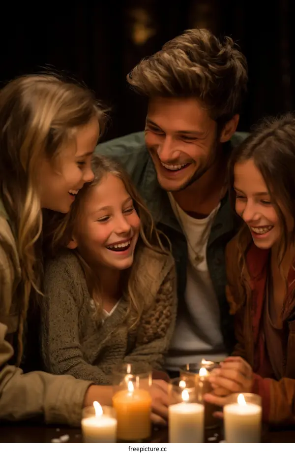 Happy family of four laughing together at home