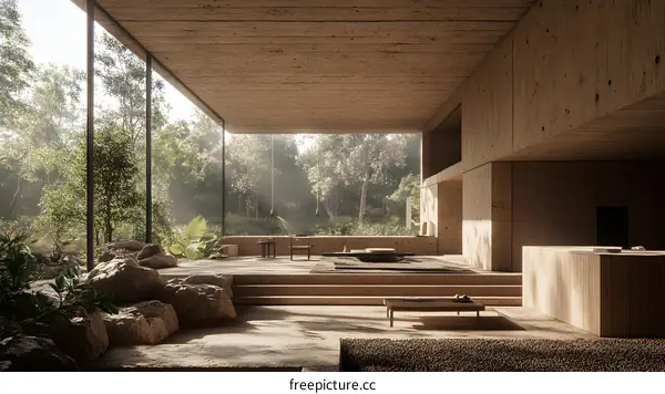 Minimalist Living Room with Large Windows and Stone Walls