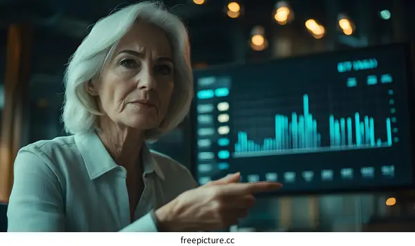 Close Up Portrait of Senior Woman Looking at a Chart on a Computer Screen