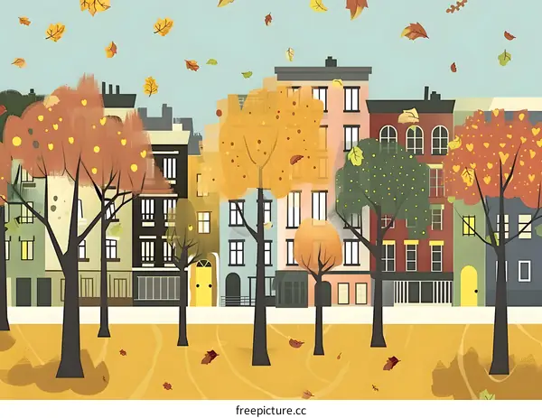 Autumn Leaves Falling on City Street