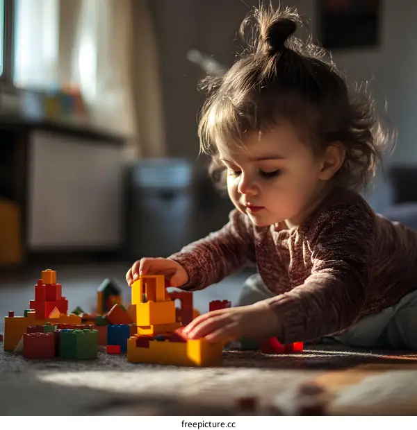 Little Girl Playing with Building Blocks on the Floor