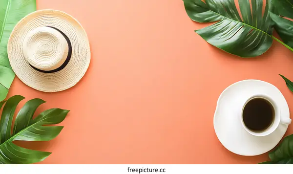 Summer  Flatlay with  Coffee and  Tropical Leaves