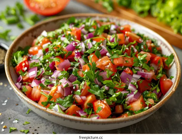 Refreshing tomato and cucumber salad with red onion and parsley