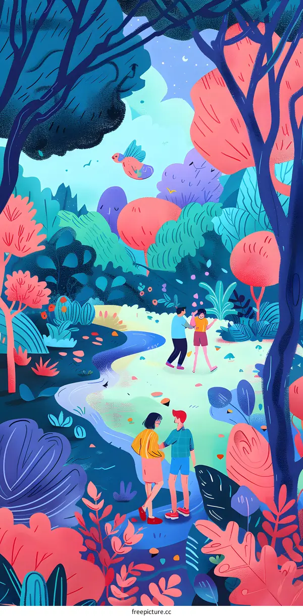 Romantic Couple Walking In Colorful Forest Illustration