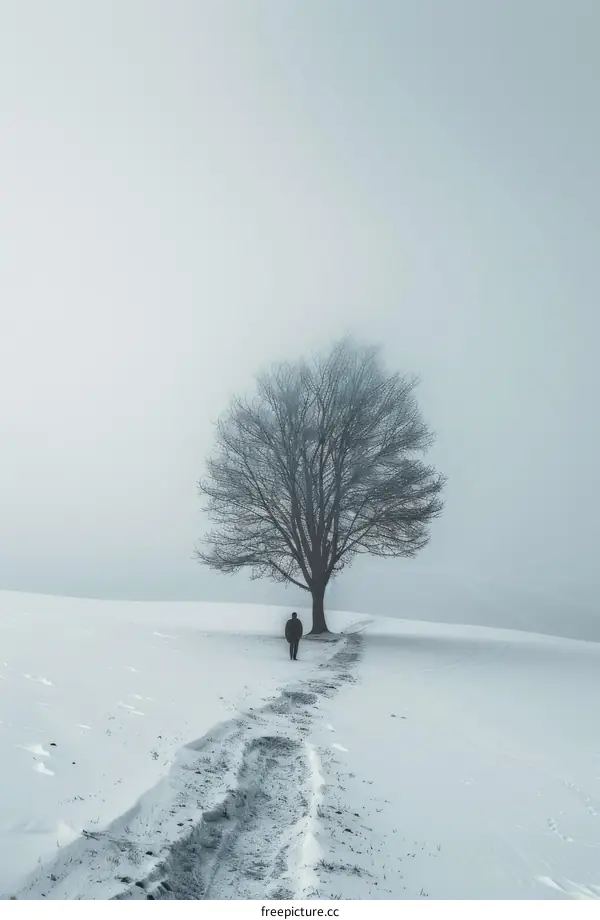 Man walking towards tree in snow covered field
