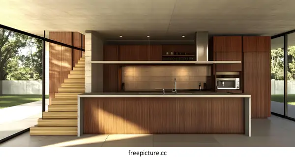 Modern Kitchen Interior Design With Wooden Cabinets and Large Window