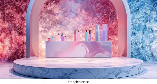Display of Different Beauty Products on a Marble Surface with a Colorful Backsplash