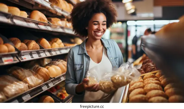 Happy African American woman buying bread in a bakery