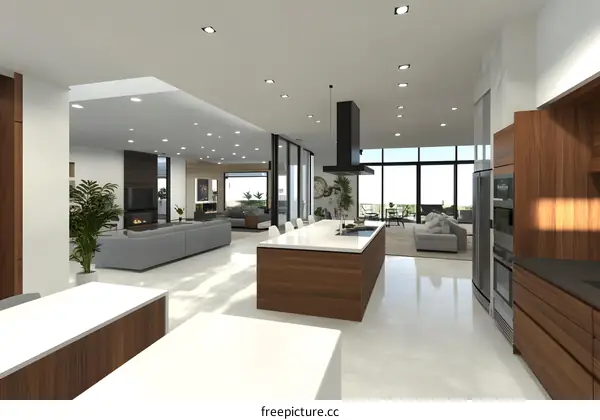 Modern Kitchen Interior Design with Island and Large Windows