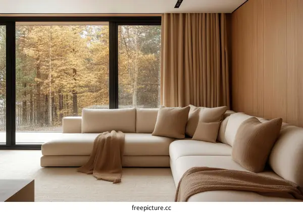 Modern Beige Sectional Sofa with Fall Forest View