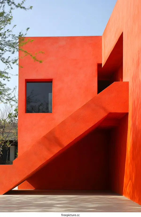 Red Concrete Building with Geometric Shapes and Stairs