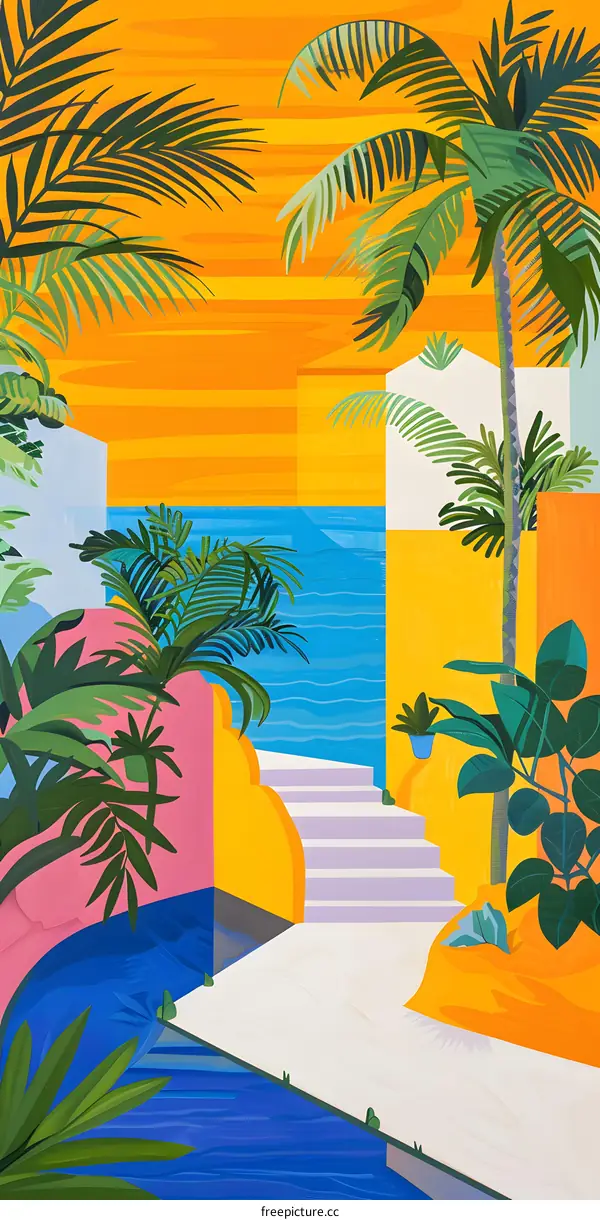 Tropical Paradise With Palm Trees And Stairs Leading To The Ocean