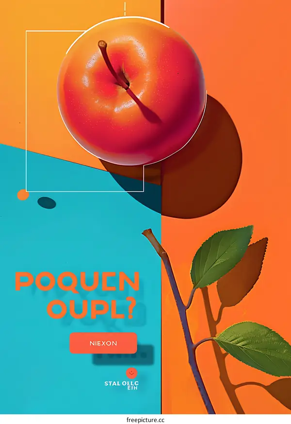 Red Apple with Green Leaves on Orange Background